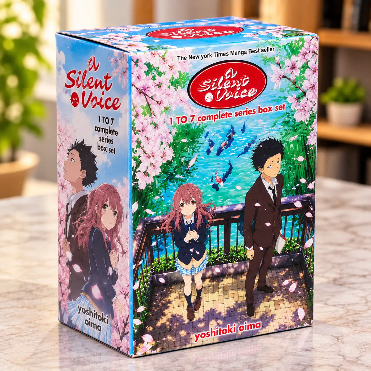 A Silent Voice volumes 1–7 complete manga box set showing the packaged side panel