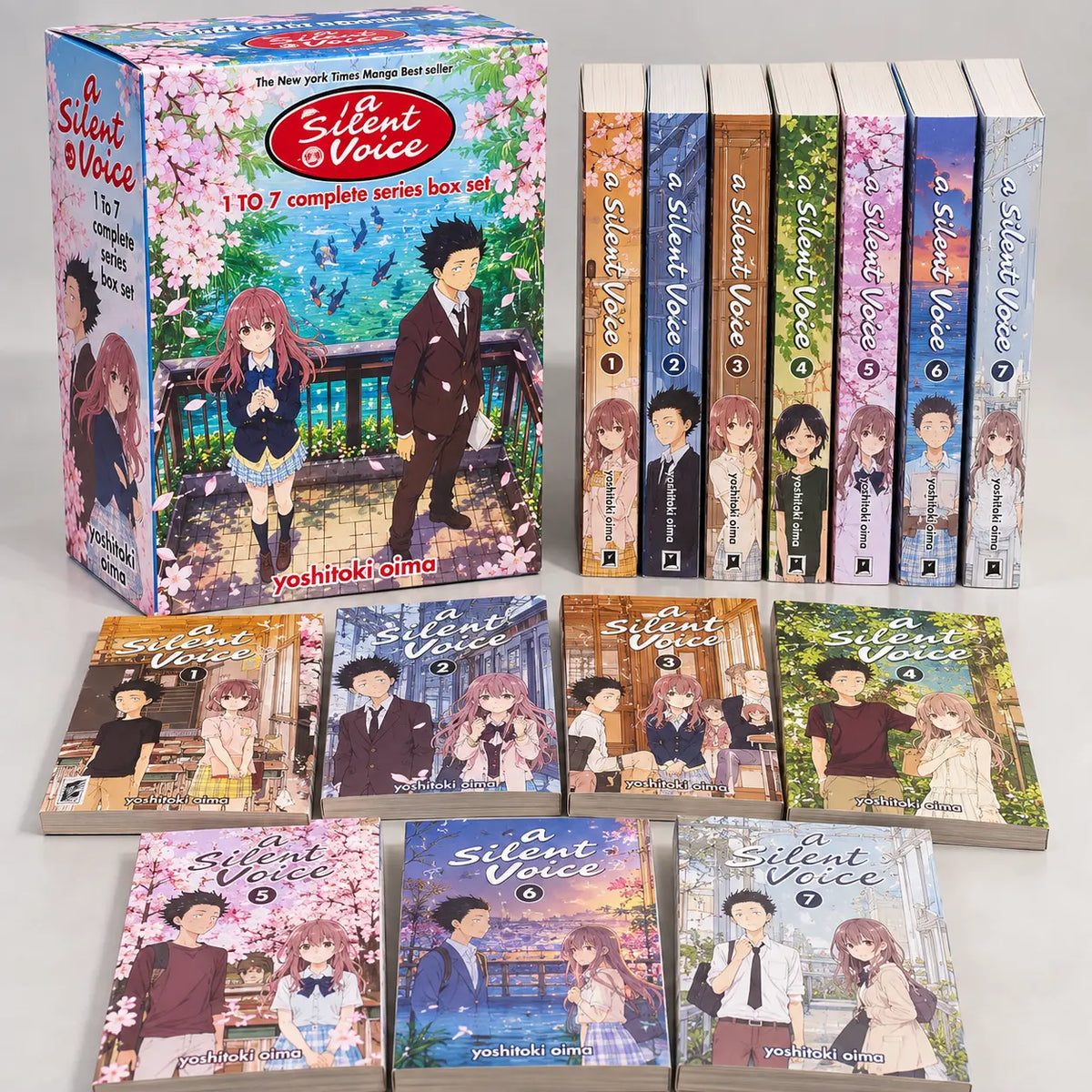 A Silent Voice manga volumes 1–7 by Yoshitoki Oima displayed together as a complete seven-volume collection