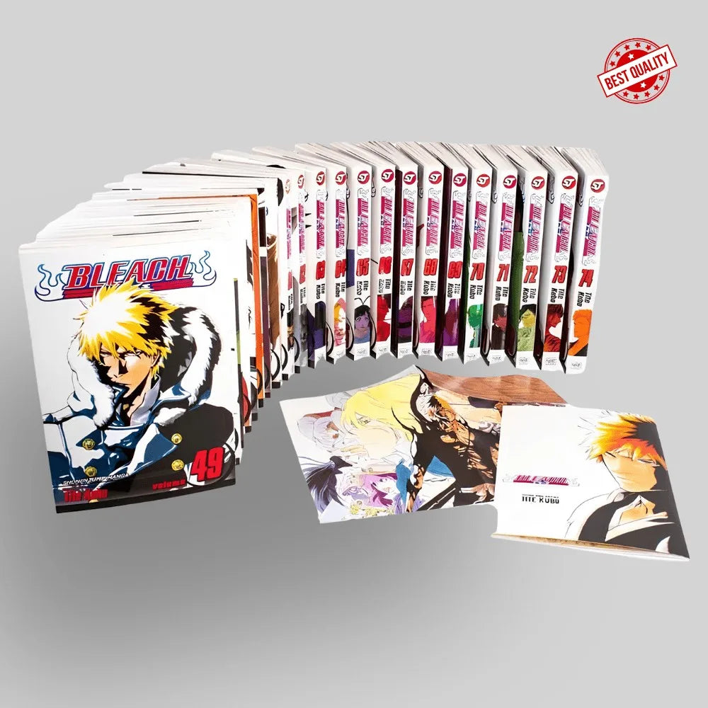 Bleach Volumes 49–74 displayed together with numbered manga books, box artwork, and included materials.