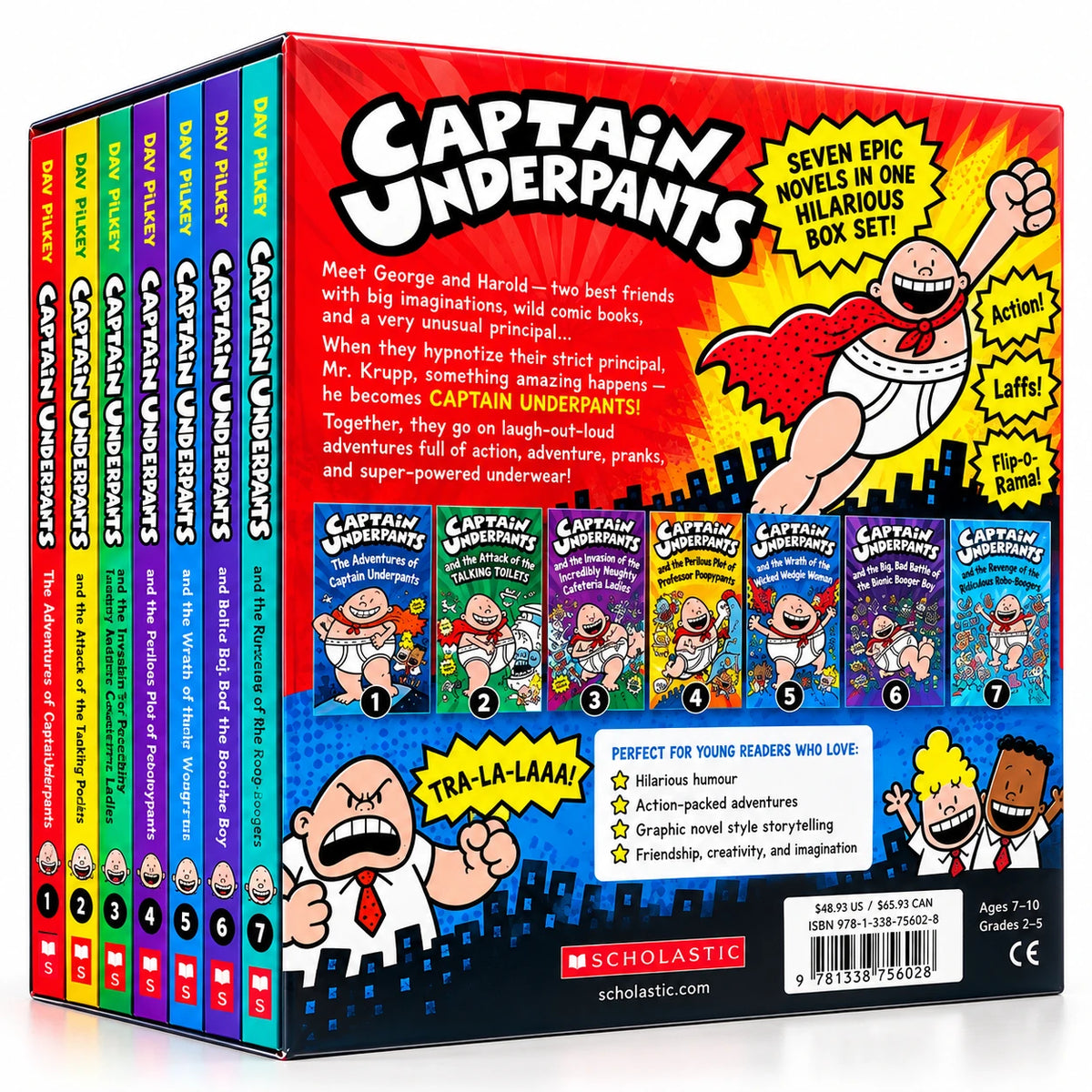 Captain Underpants complete 7-book box set showing the back package and colorful book spines