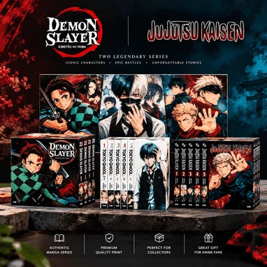 Manga collection featuring Demon Slayer, Tokyo Ghoul:re, and Jujutsu Kaisen box sets displayed together for collectors and anime fans.