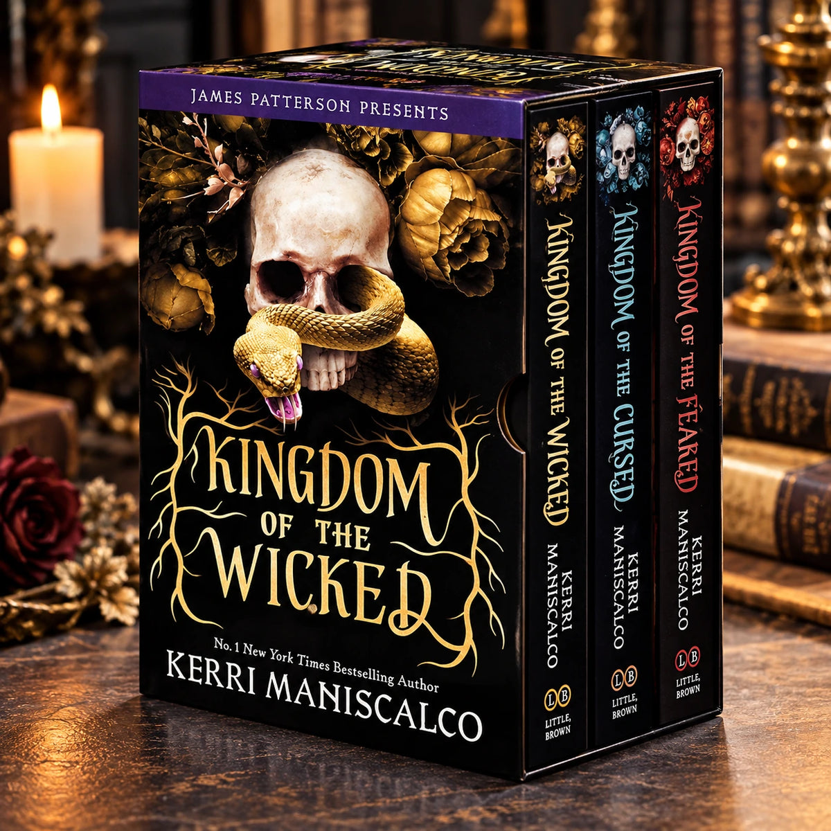 Kingdom of the Wicked trilogy box set showing the spines of Kingdom of the Wicked, Kingdom of the Cursed and Kingdom of the Feared