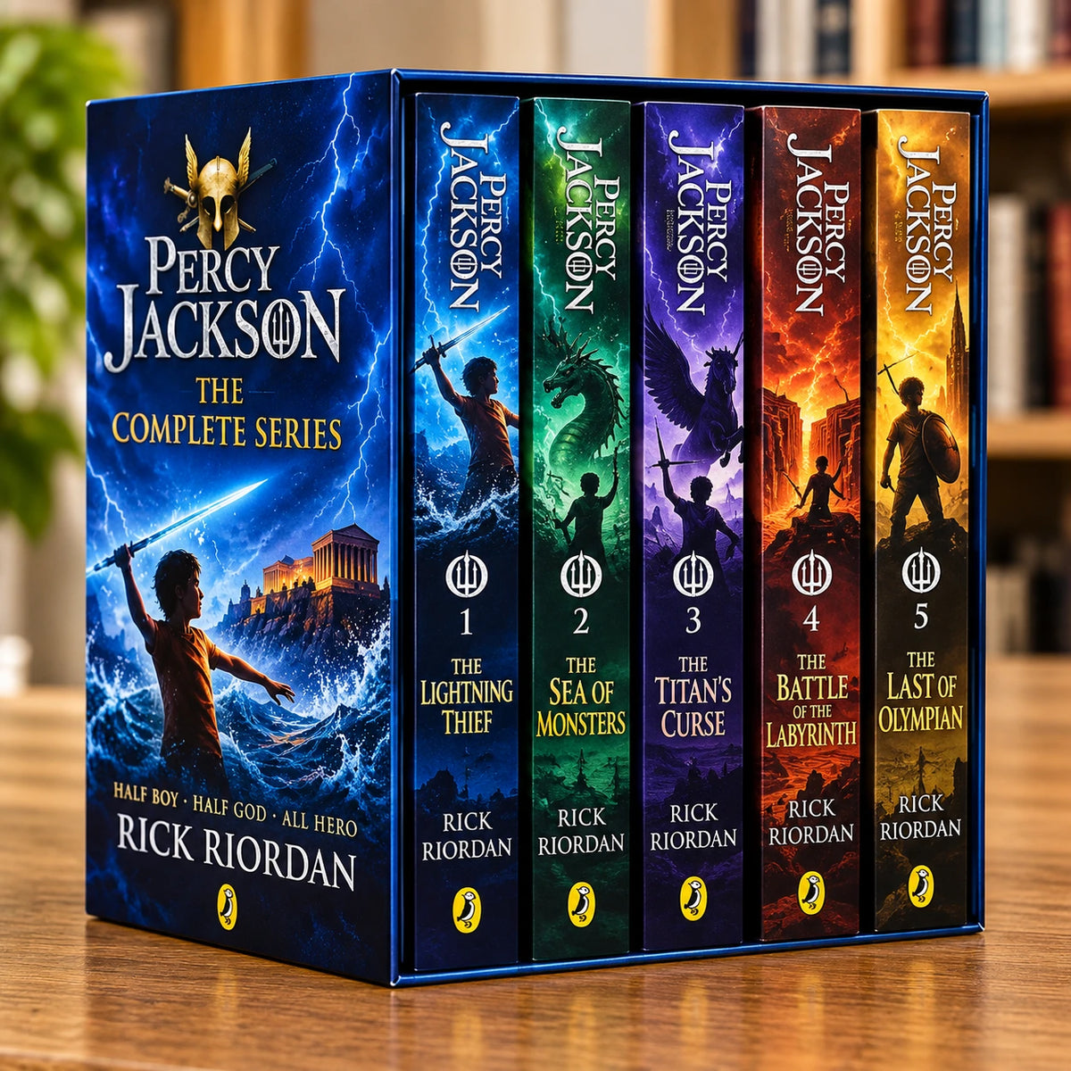 Percy Jackson complete series five-book box set showing the spines of The Lightning Thief through The Last Olympian