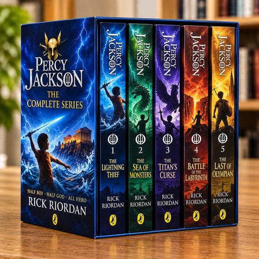 Percy Jackson complete series five-book box set showing the spines of The Lightning Thief through The Last Olympian