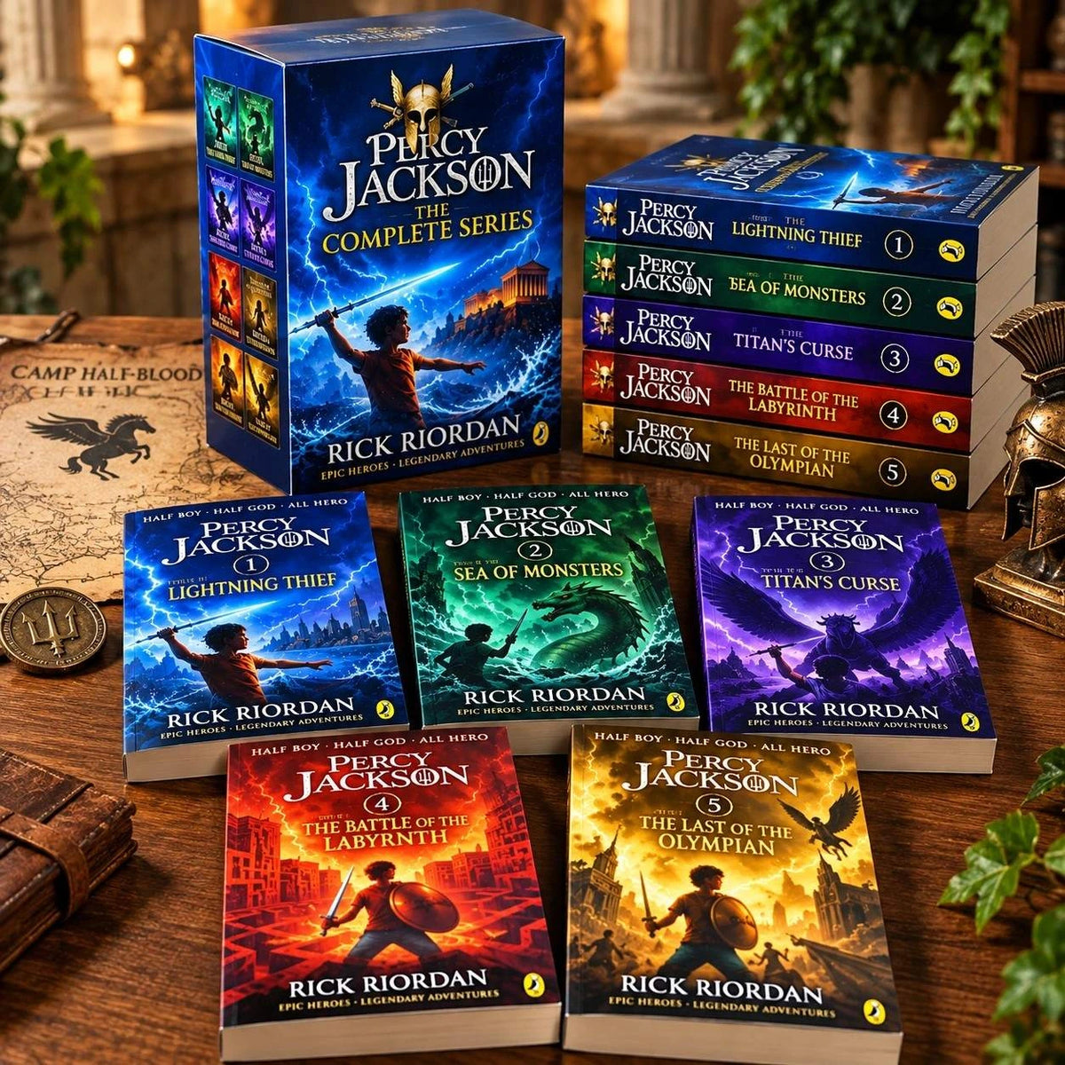 Percy Jackson The Complete Series 5-book collection showing the illustrated front and side panels of the box set