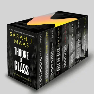 Sarah J. Maas Throne of Glass collection featuring all 8 books arranged in two rows with the series title above.