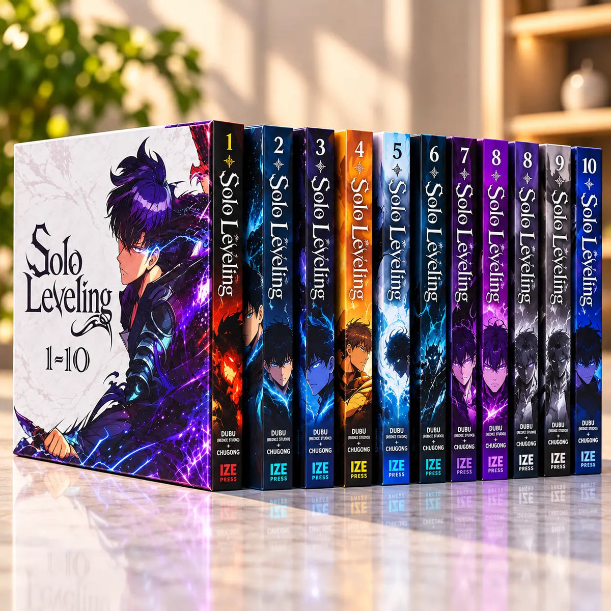 Solo Leveling volumes 1-10 box set package side view