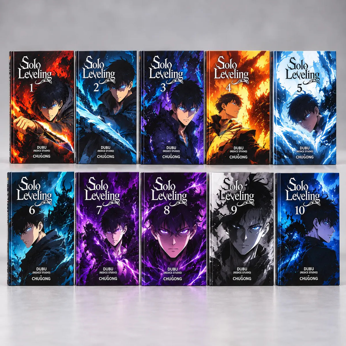 Solo Leveling manga books volumes 1-10 displayed together