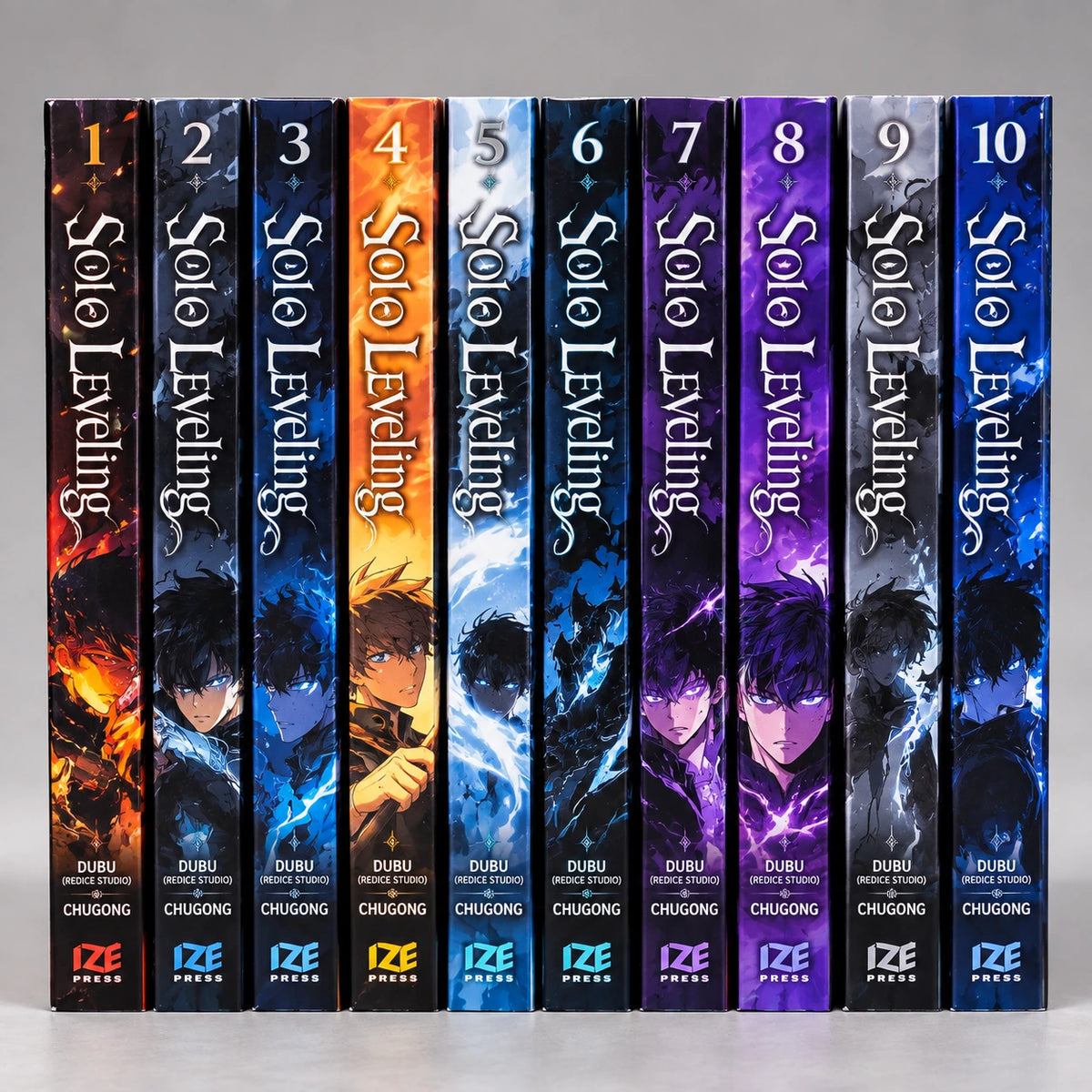 Solo Leveling manga volumes 1-10 shown by numbered book spines