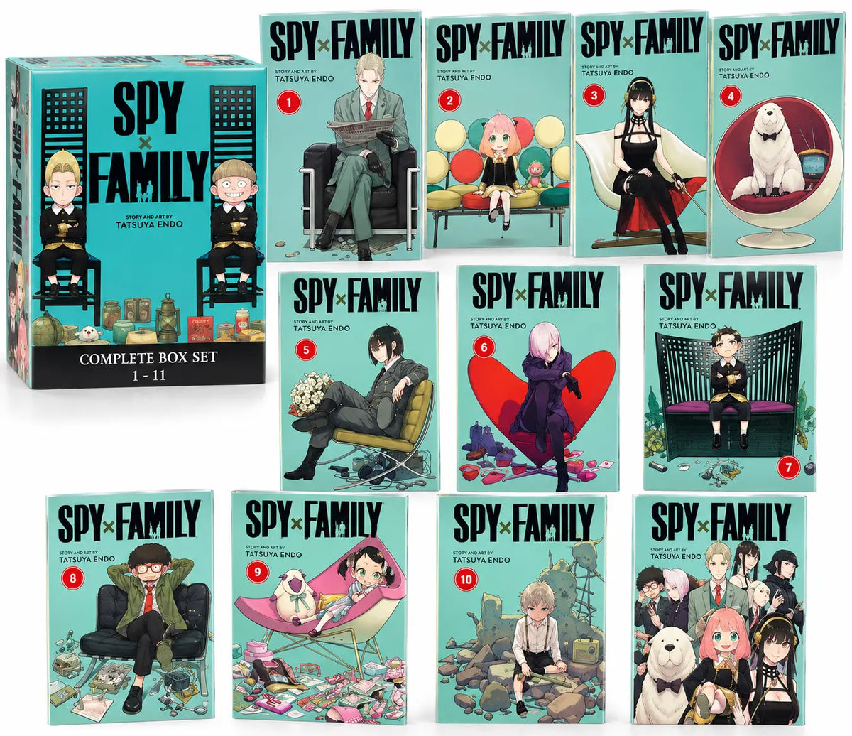 Spy x Family complete box set with 11 manga volumes arranged in a clean product presentation featuring Anya, Loid, Yor and Bond