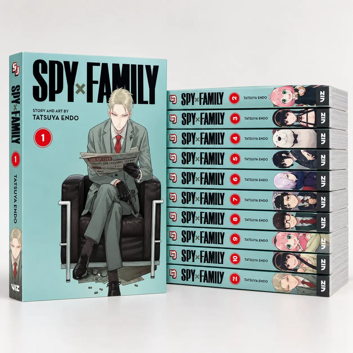 Complete Spy x Family manga collection with all 11 volumes displayed together featuring Tatsuya Endo artwork