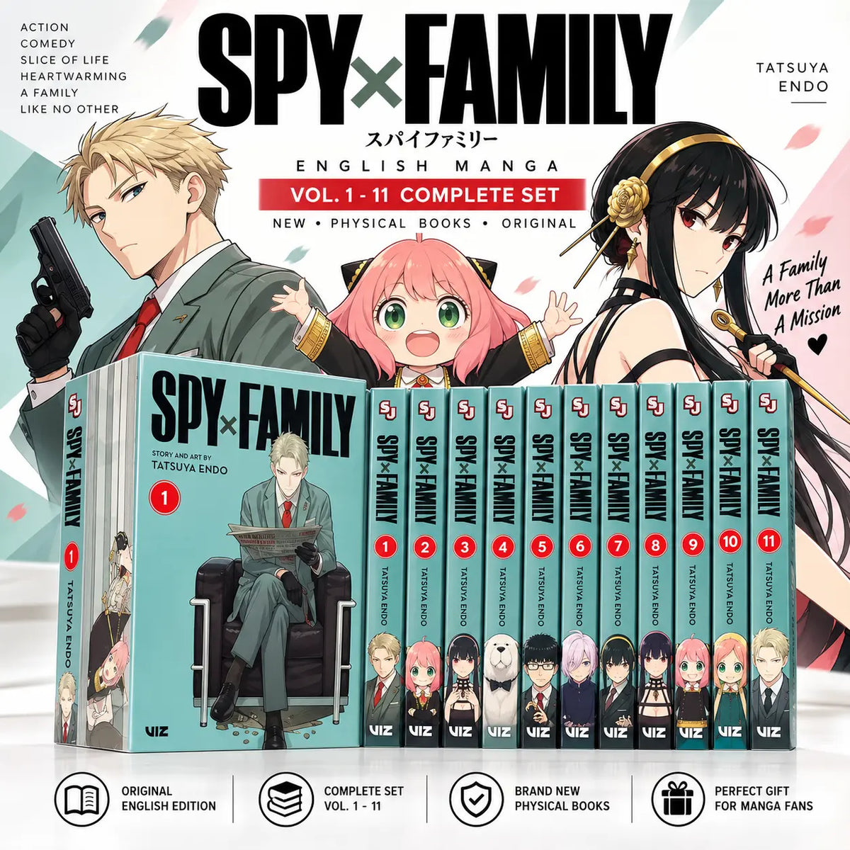 Spy x Family manga volumes 1 through 11 arranged to showcase the individual book covers and characters