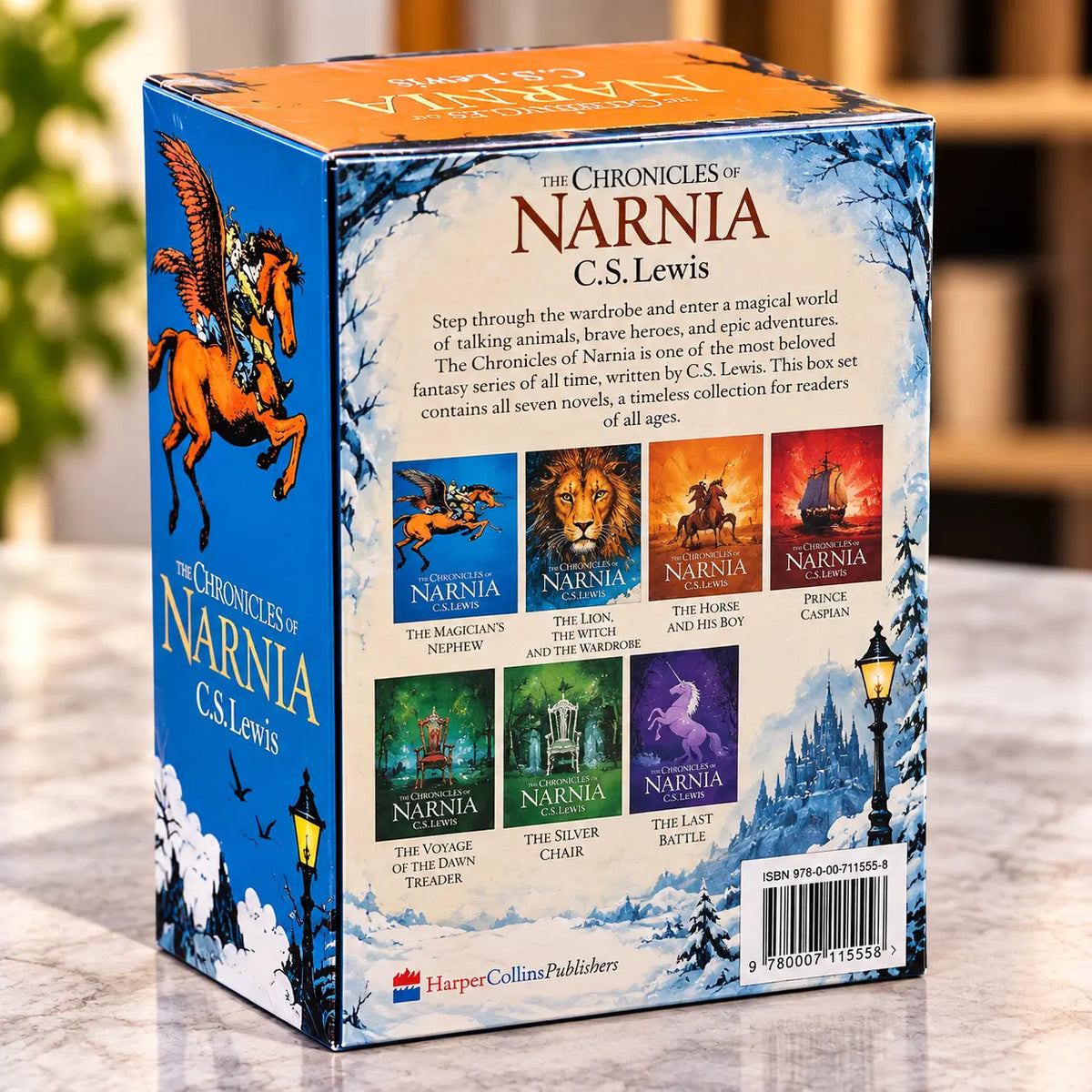 The Chronicles of Narnia seven-book collection by C.S. Lewis showing the illustrated box set front