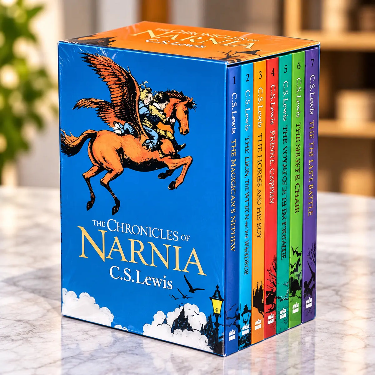 The Chronicles of Narnia complete 7-book box set showing the packaged side panel