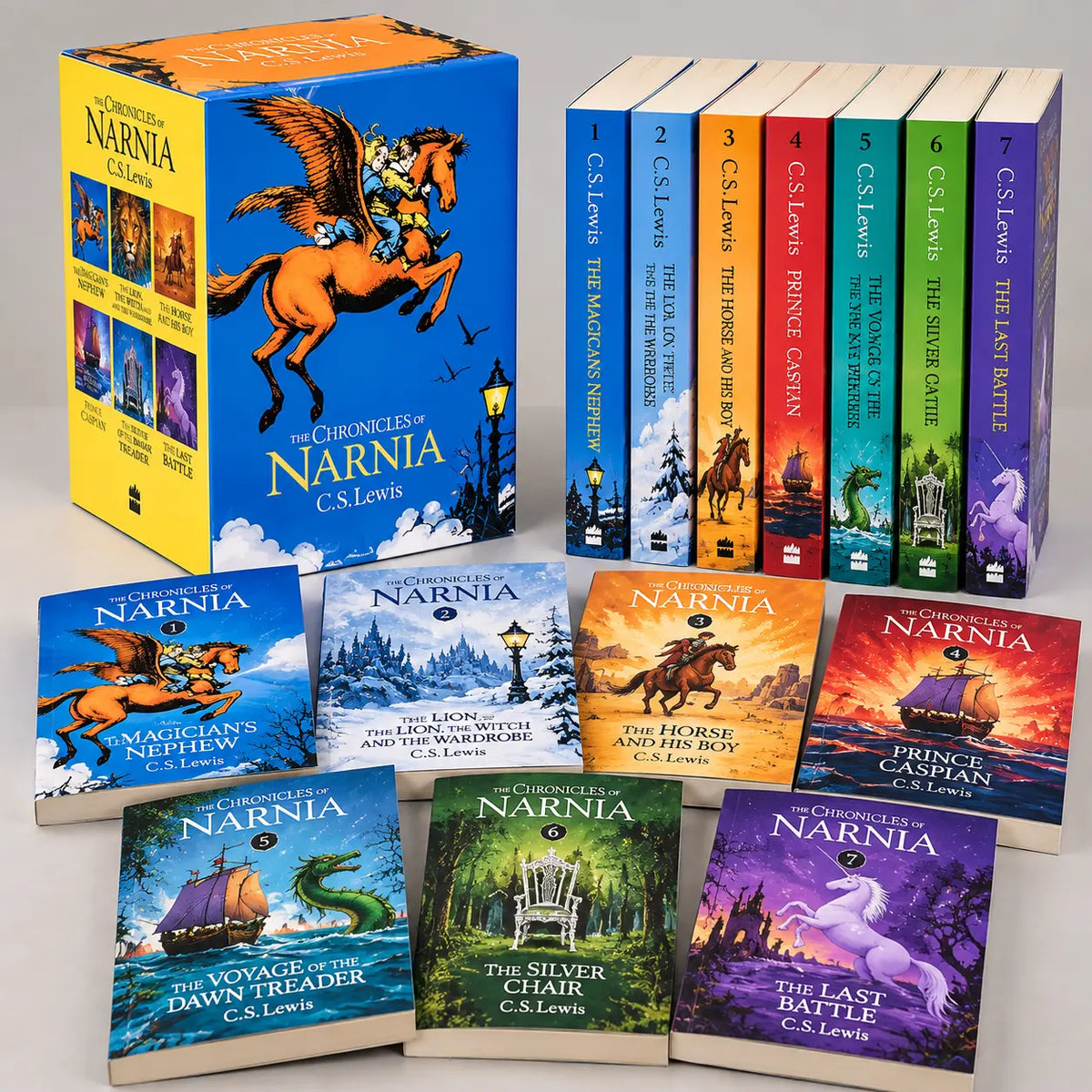 The Chronicles of Narnia books by C.S. Lewis displayed together as a complete seven-book collection