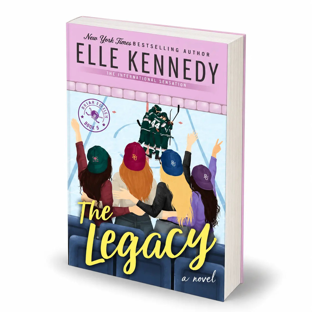 The Legacy by Elle Kennedy hardcover shown from a three-quarter angle with pink spine and illustrated cover