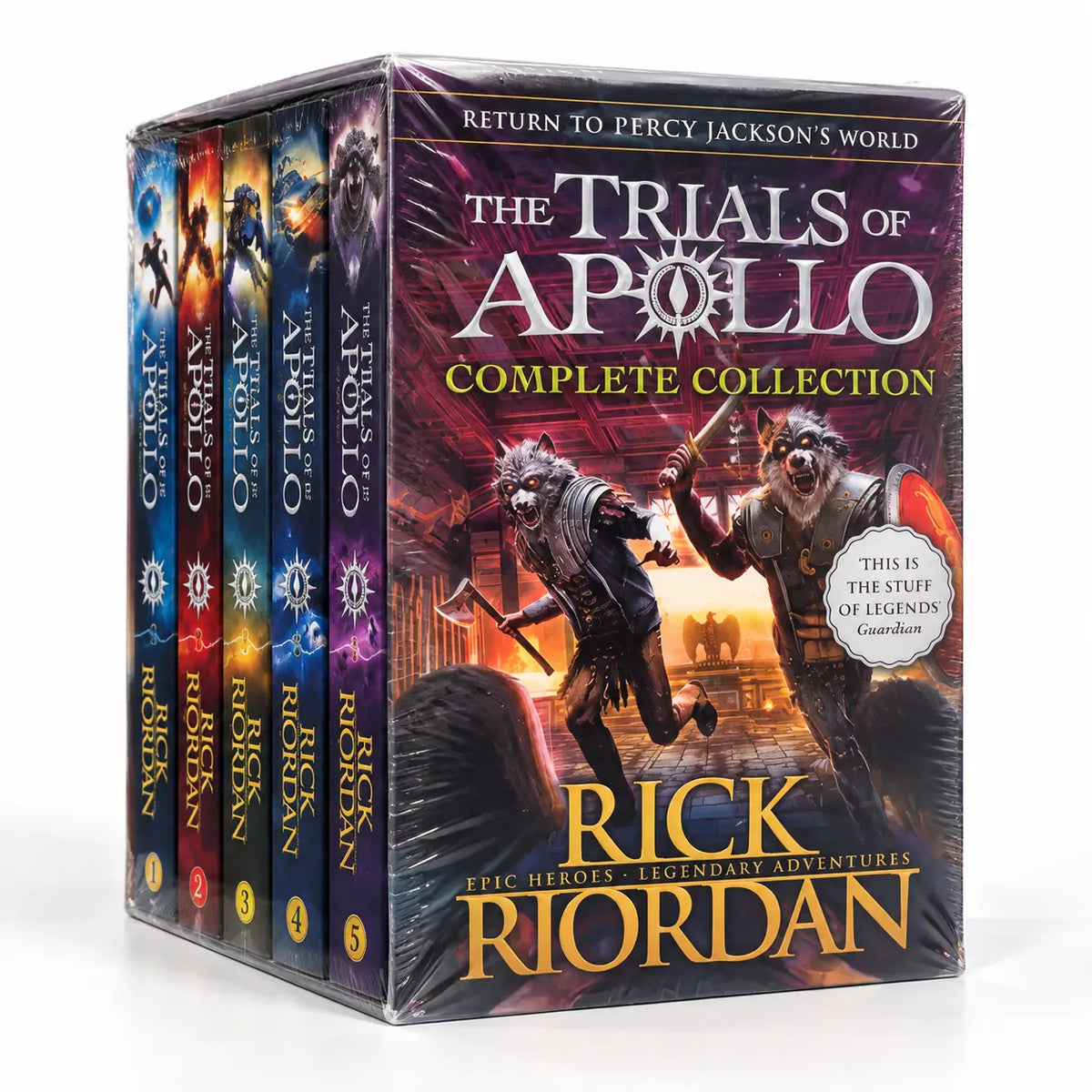 The Trials of Apollo Complete Collection 5-book box set by Rick Riordan featuring the illustrated series artwork