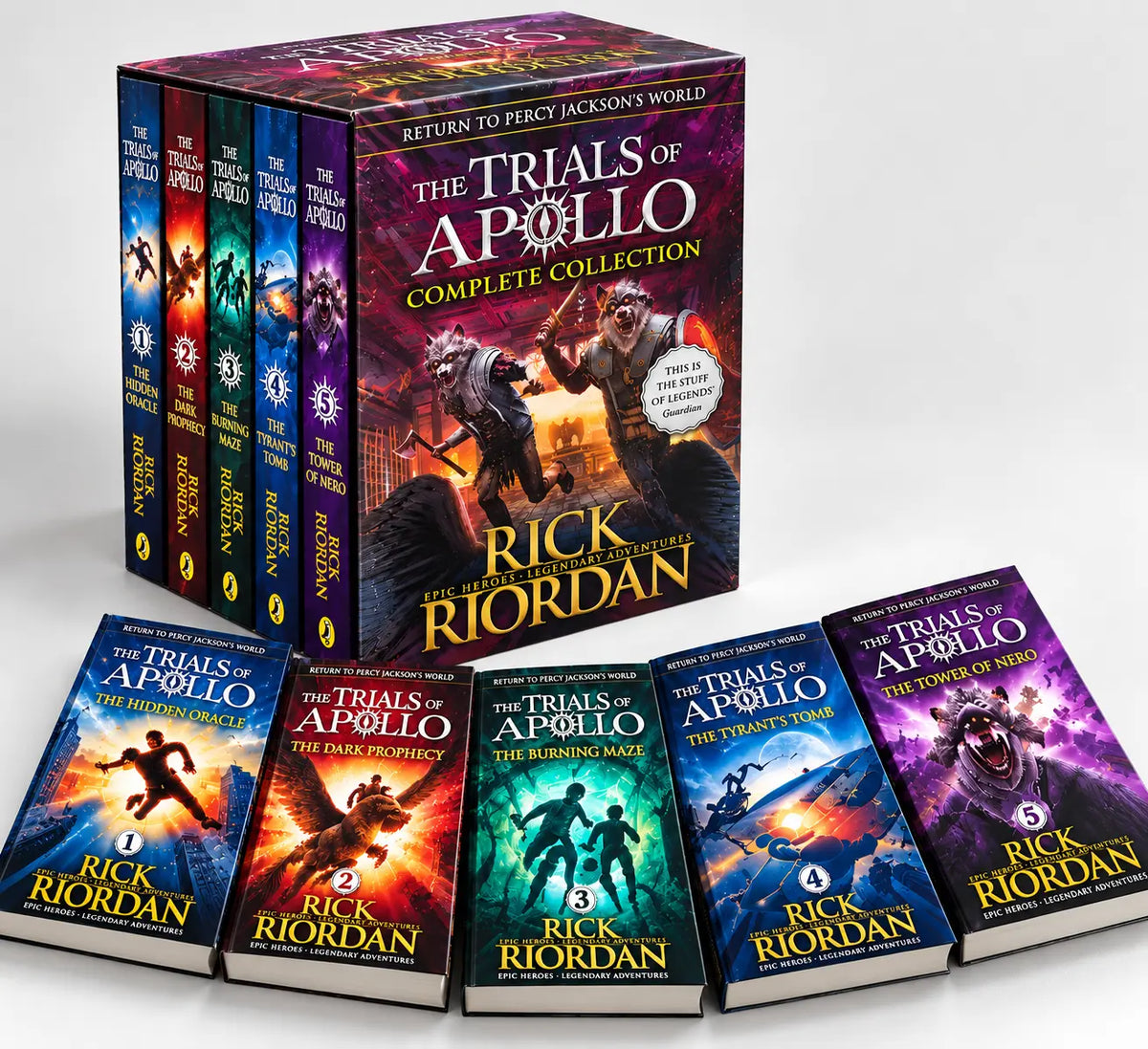 The Trials of Apollo five-book box set by Rick Riordan packaged together as a complete series collection