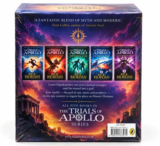 The Trials of Apollo complete 5-book collection by Rick Riordan showing all five books featured on the back of the box set
