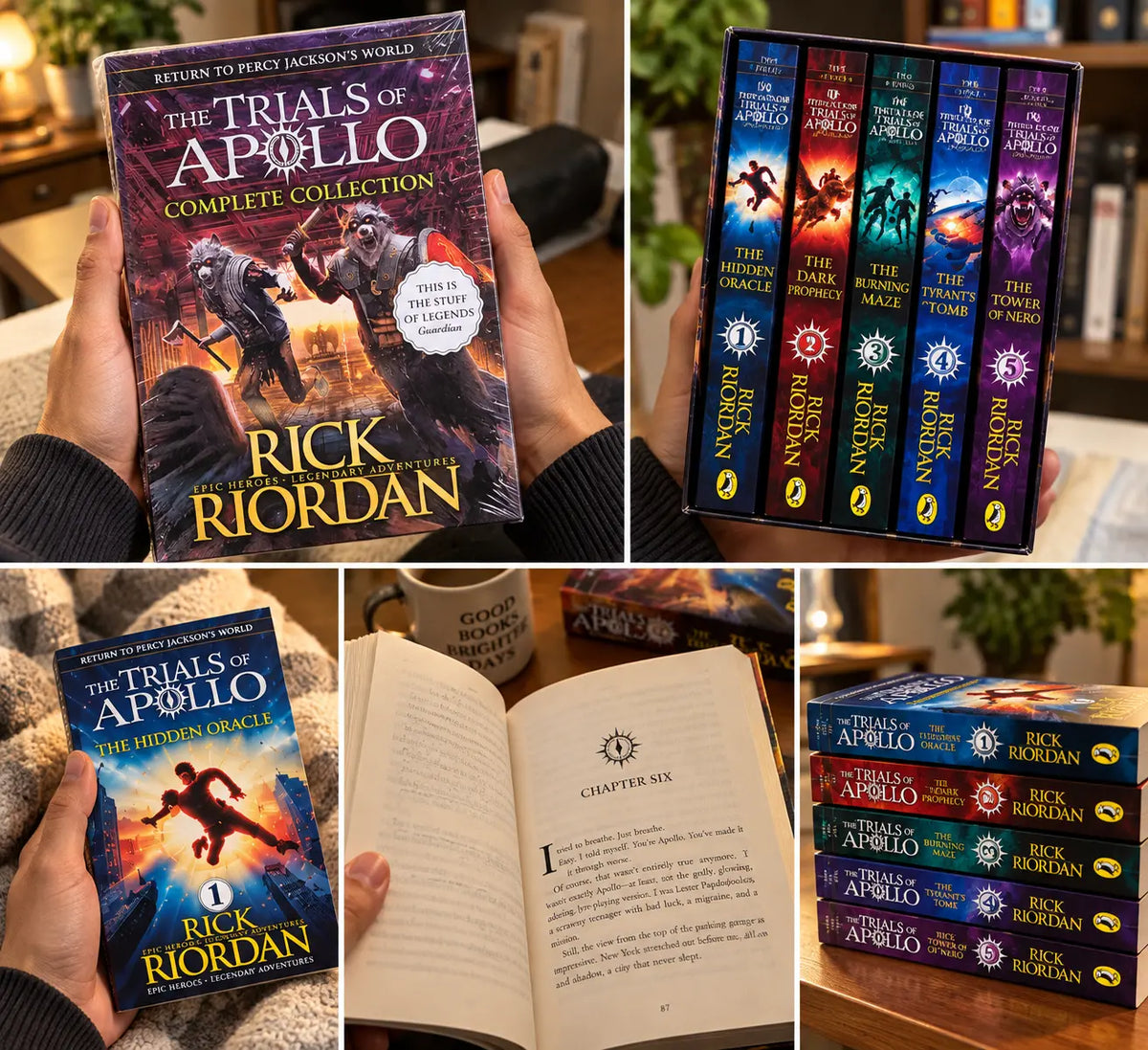 Rick Riordan The Trials of Apollo 5-book collection featuring The Hidden Oracle, The Dark Prophecy, The Burning Maze, The Tyrant's Tomb and The Tower of Nero