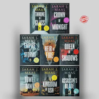 Throne of Glass 8-book collection displayed with individual Sarah J. Maas novels arranged together.