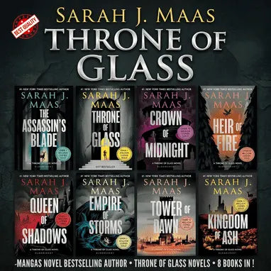 Complete Throne of Glass 8-book collection featuring The Assassin’s Blade, Throne of Glass, Crown of Midnight, Heir of Fire, Queen of Shadows, Empire of Storms, Tower of Dawn, and Kingdom of Ash.
