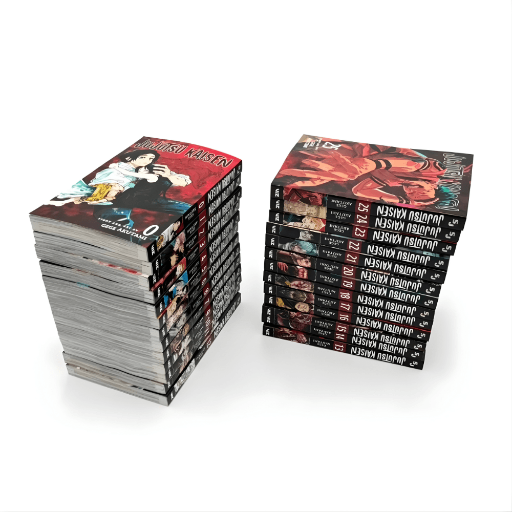 Two stacks of Jujutsu Kaisen manga volumes are arranged on a plain white background, with the first stack featuring volume zero on top and the second stack showcasing volume twenty-seven on top.